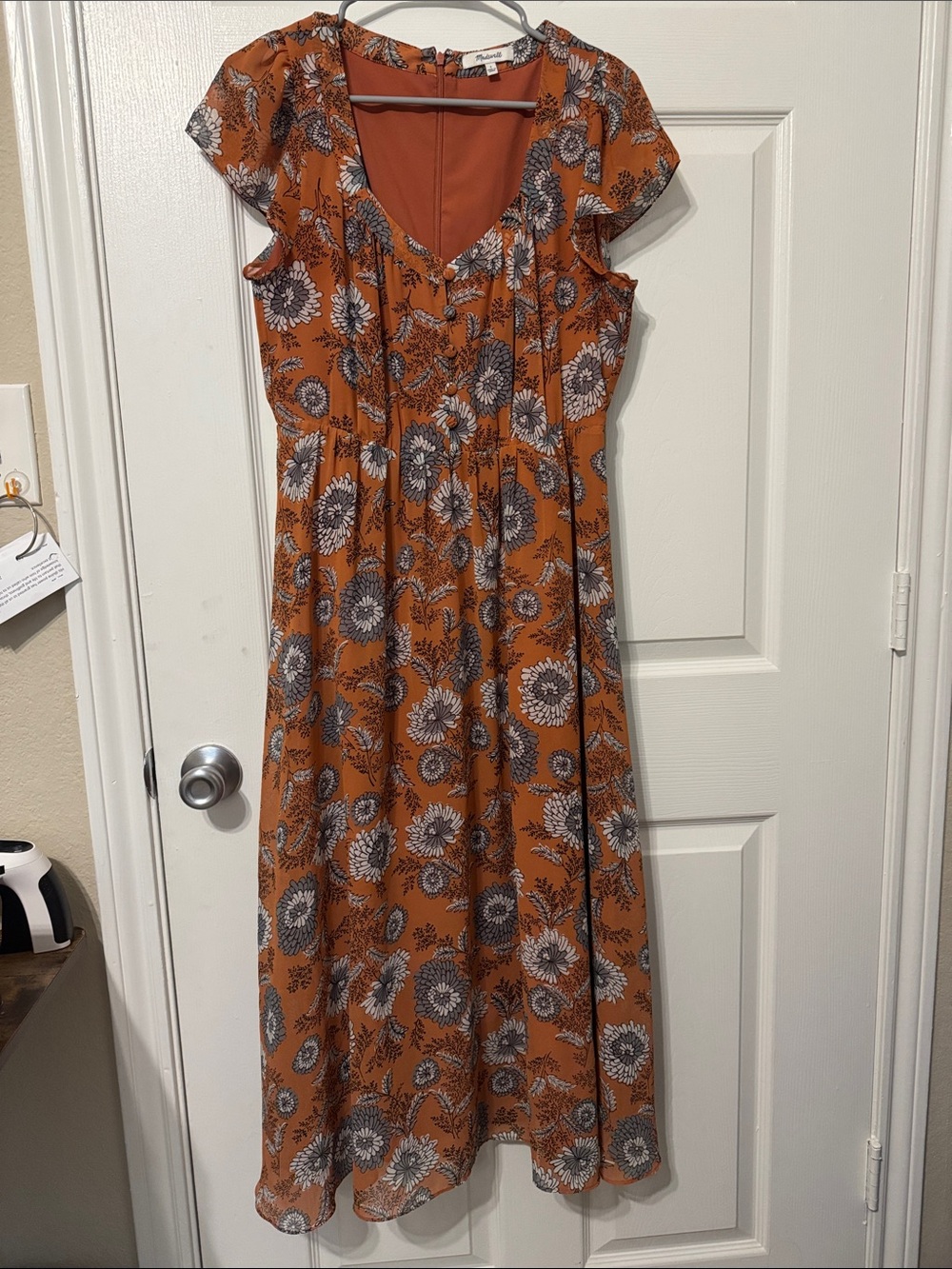 Madewell Burnt Orange Floral-Trim Midi Dress